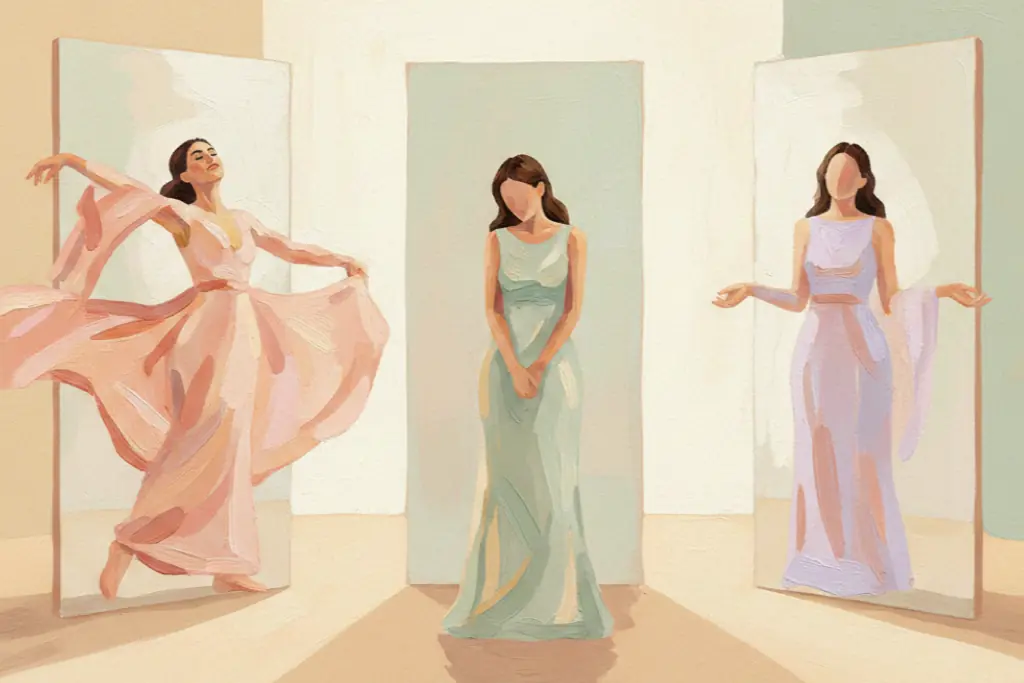 Gouache illustration of a woman laughing mid-conversation with sharp emotional honesty, capturing the Type 4 balance of depth and humor in warm pastels