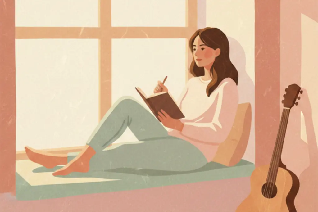Gouache illustration of a woman sitting on a window seat writing in a journal with a guitar nearby, in soft pastel tones of cream, sage green, and lavender