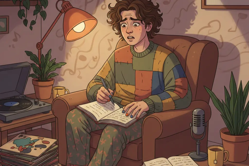 A young man in a cozy room surrounded by notebooks vinyl records and a microphone wearing colorful expressive clothing with painted nails looking intensely emotional while writing lyrics late at night with warm lamp light casting shadows representing deep artistic authenticity and vulnerability, lo-fi chillhop aesthetic