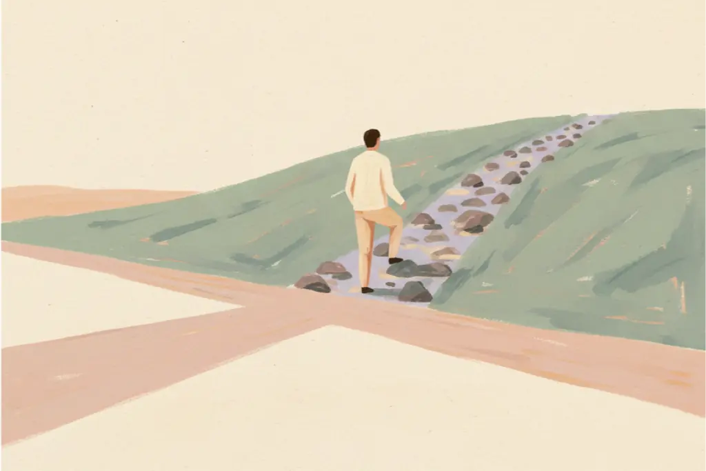 Gouache illustration of a person at a crossroads choosing the harder uphill path with quiet determination, in warm pastel tones of cream, sage green, and soft pink