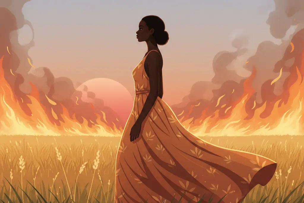 Gouache illustration of a woman in a flowing gown walking through a field with fire blazing behind her, moving forward without looking back, painted in warm amber, slate, and terracotta tones