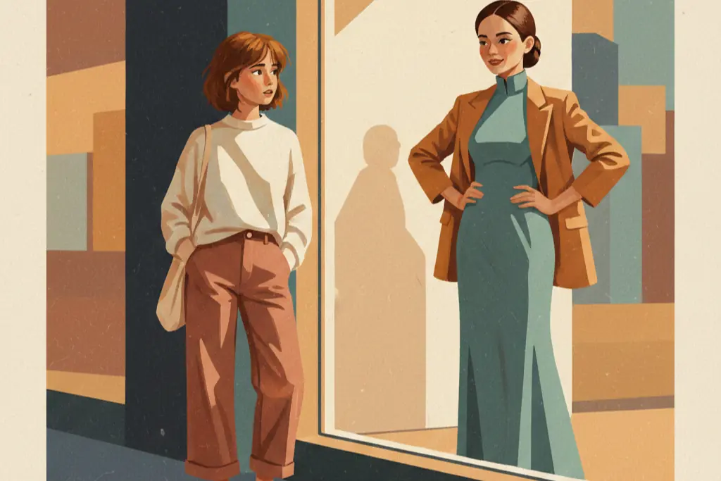 Gouache illustration of a young woman looking at her differently-styled reflection in a shop window, the reflection wearing glamorous clothes while she stands in casual authentic attire, in warm amber and soft slate tones