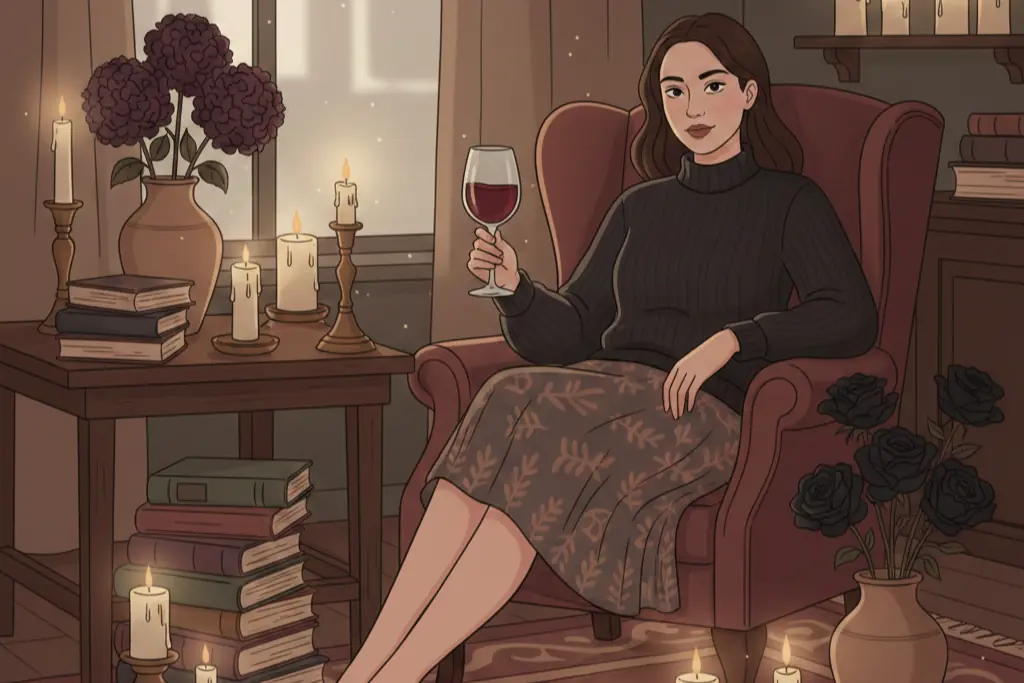 A woman in a cozy dimly lit room sitting in a velvet armchair with one leg crossed holding a glass of wine her expression calm powerful and unreadable she is surrounded by candles old books and dark flowers the atmosphere is mysterious and self-possessed she radiates quiet authority without trying to impress anyone, lo-fi chillhop aesthetic