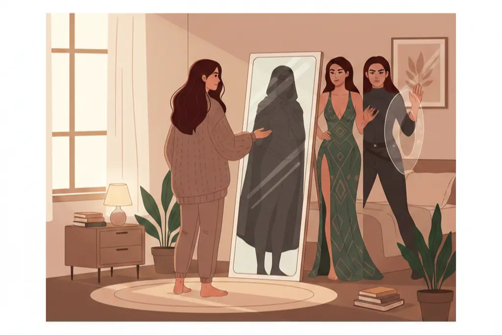 A woman in a cozy room standing before a full-length mirror but her reflection shows multiple versions of herself one commanding and powerful one mysterious and withdrawn one calculating and alluring one fierce and protective each reflection a different expression of dark feminine energy from different personality types while she stands in the center choosing which power to claim, lo-fi chillhop aesthetic