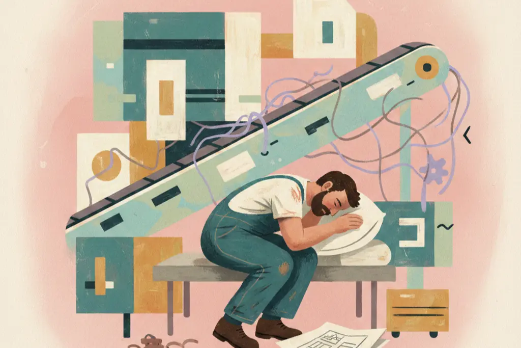 Gouache illustration of a man sleeping on a cot on a factory floor, fully clothed and exhausted from engineering work, machinery in the background, painted in soft blush pink, muted teal, and light sage green