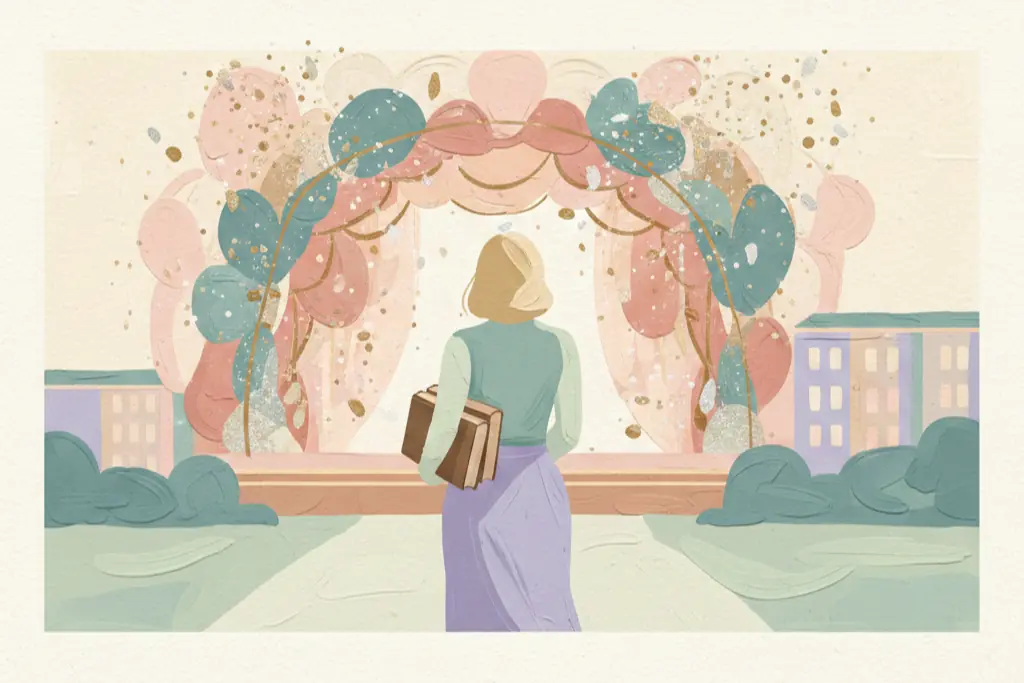 Gouache illustration of a woman walking away from a grand glittering stage carrying books under her arm, heading toward a quiet university library, choosing education over fame, painted in soft blush pink, muted teal, and warm cream