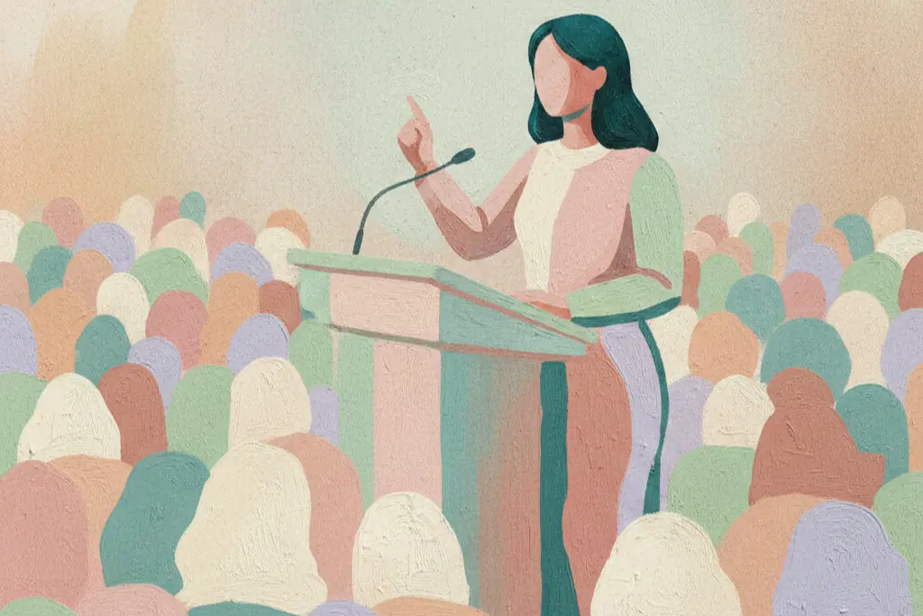 Gouache illustration of a woman standing at a podium speaking with conviction to a large audience, her posture composed and determined, representing activism and principled action, painted in soft blush pink, muted teal, and gentle lavender