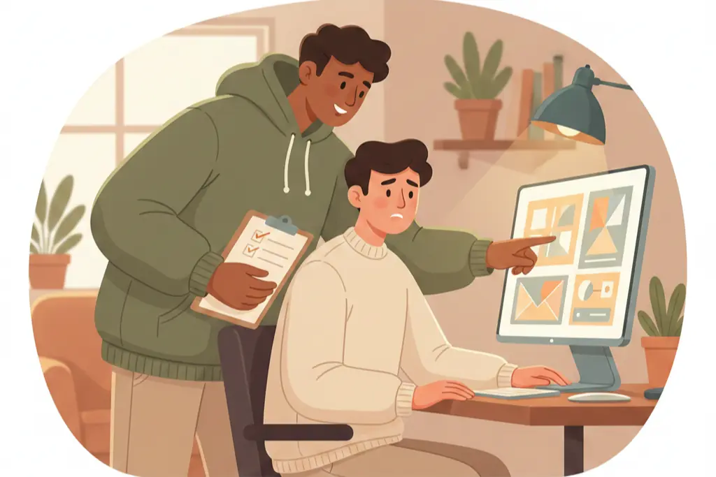 A person leaning over a colleague's shoulder pointing at their work while holding a checklist, warm focused expression, lo-fi chillhop aesthetic