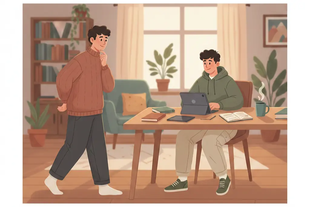 A person stepping back from a table where another person works independently, hands clasped behind their back with a thoughtful accepting expression, lo-fi chillhop aesthetic