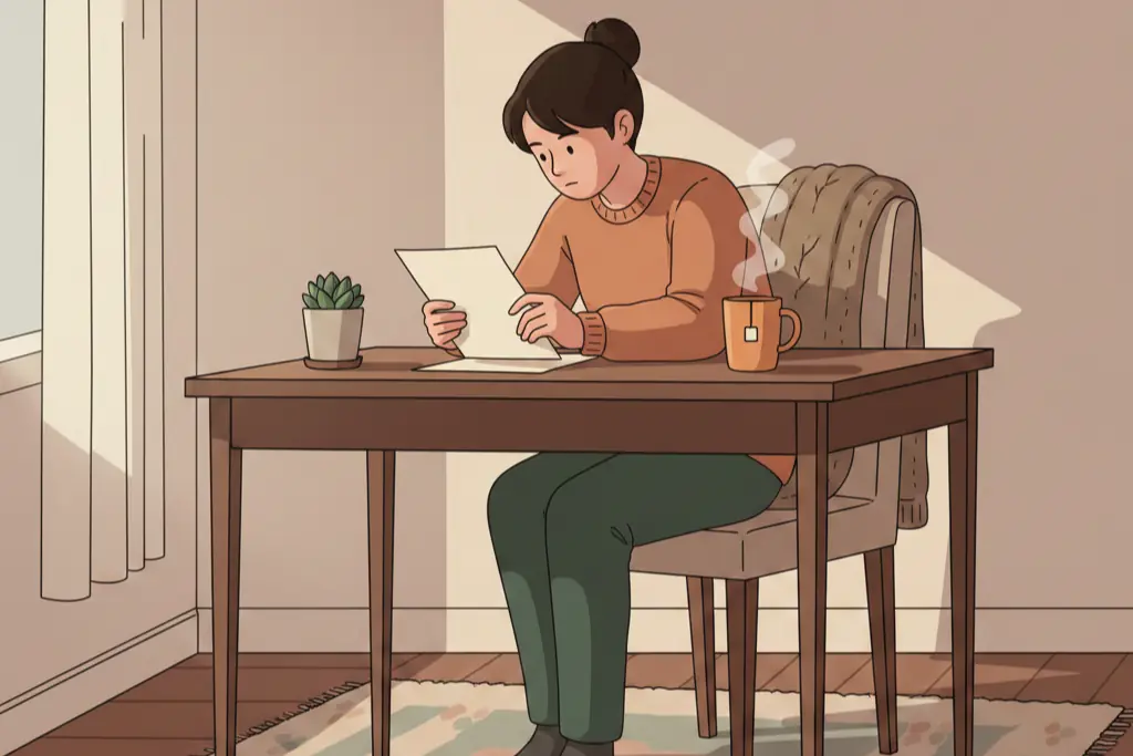 A person sitting frozen at a desk staring at a single piece of paper unable to move forward, warm cup of tea untouched beside them, quiet still room, lo-fi chillhop aesthetic