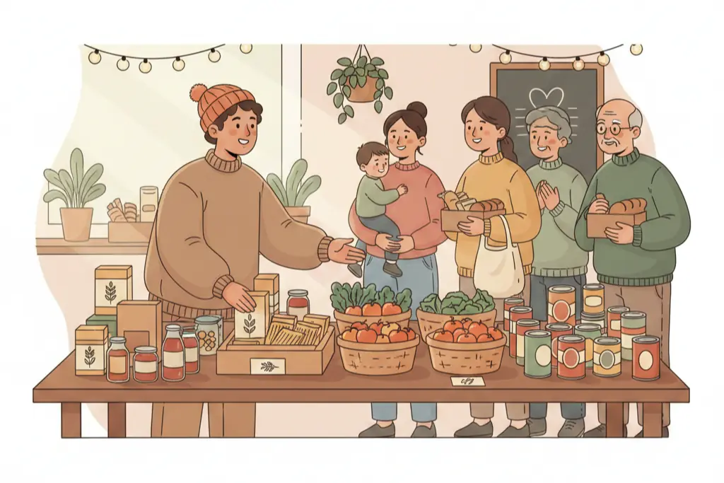 A person organizing a community food donation table with precise careful attention sorting items into neat categories while warmly greeting arrivals, lo-fi chillhop aesthetic