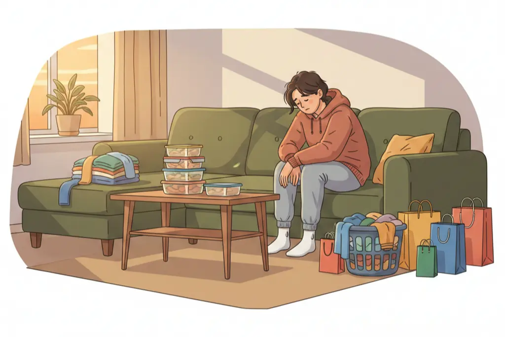 A person sitting exhausted on a couch surrounded by evidence of helping others while looking drained and overlooked, golden light from windowsill, lo-fi chillhop aesthetic