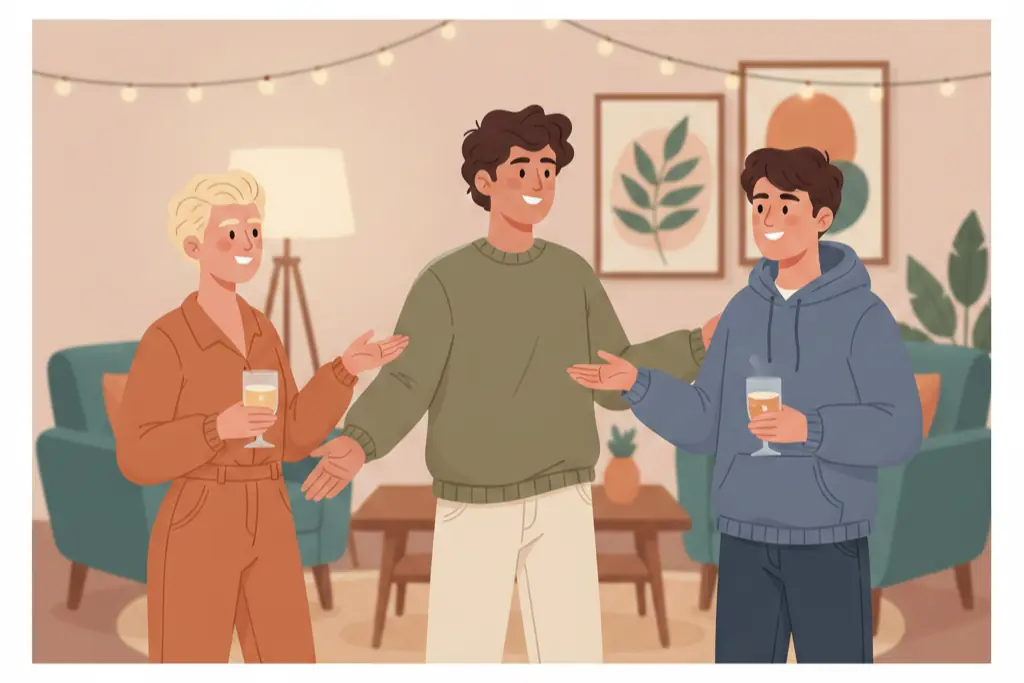 A charismatic person at a social gathering smiling warmly while introducing two people to each other being the social connector in a party setting, lo-fi chillhop aesthetic