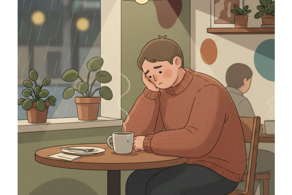 A person sitting alone at a cafe table looking contemplative and slightly hurt realizing their warmth towards others has been conditional a moment of self-reflection, lo-fi chillhop aesthetic
