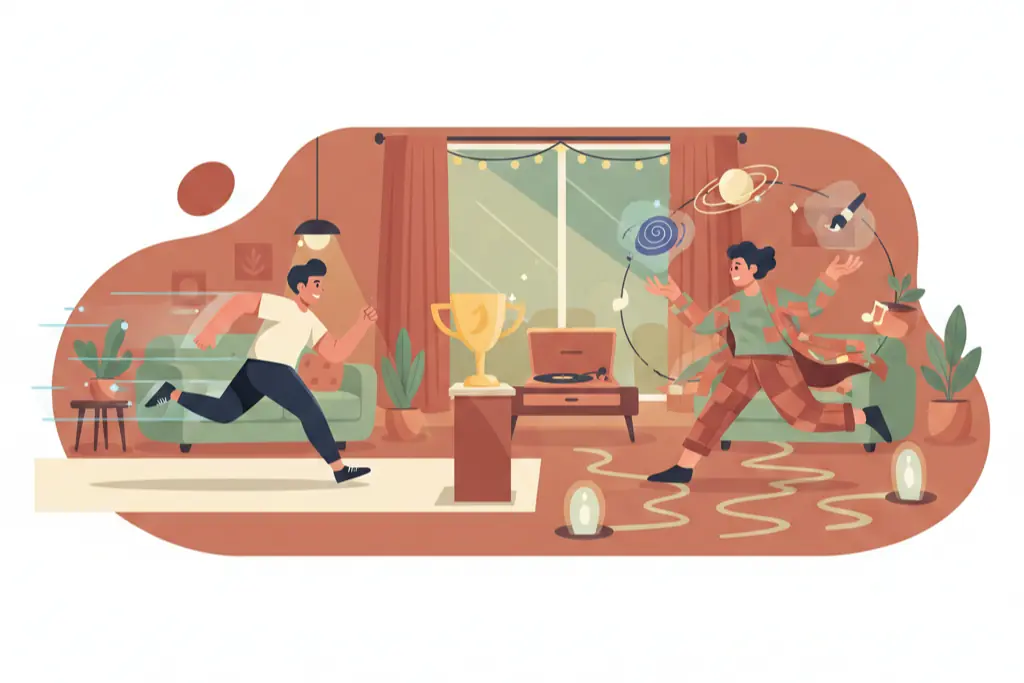 Two contrasting people side by side in a cozy setting one focused and driven racing toward a trophy with determination while the other is spontaneous and scattered chasing multiple exciting experiences at once the achiever versus the enthusiast, lo-fi chillhop aesthetic