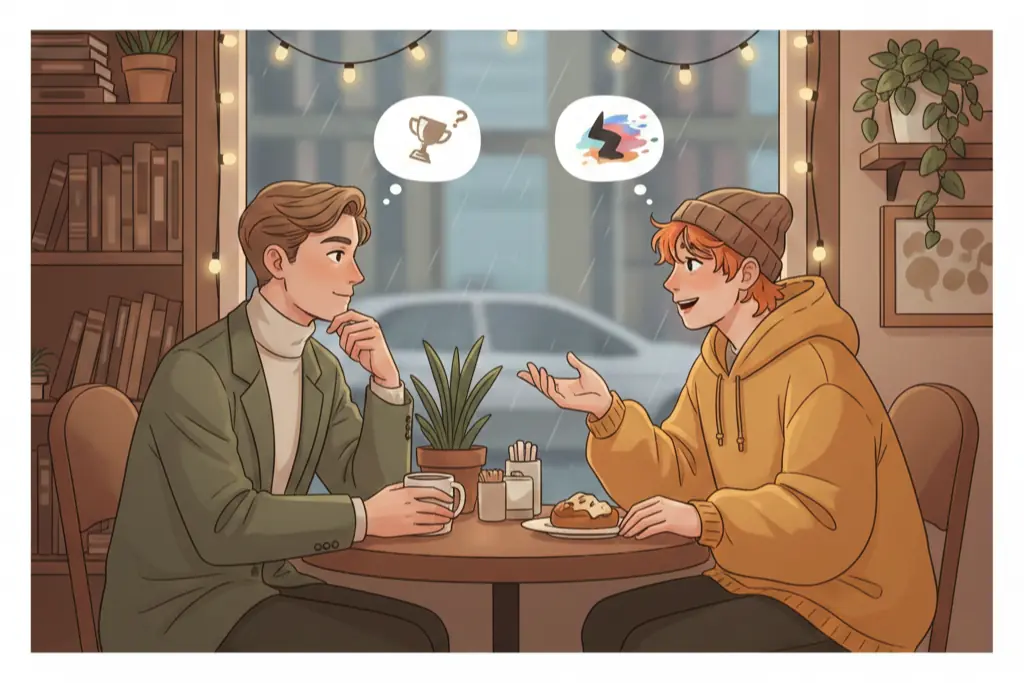 Two people sitting together in a cozy cafe having an honest conversation one polished and image-conscious while the other scattered and energetic a moment of mutual self-awareness about their different motivations, lo-fi chillhop aesthetic
