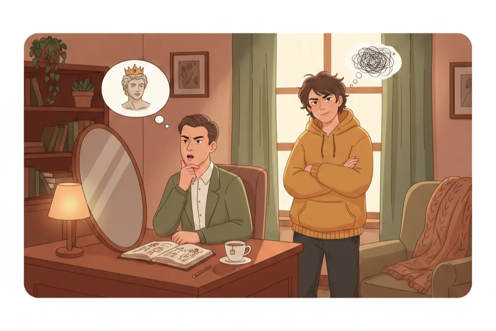 Two commanding people in a cozy office setting one carefully crafting their image and rehearsing how to appear powerful while the other stands with raw unapologetic directness not caring how they come across image versus control, lo-fi chillhop aesthetic