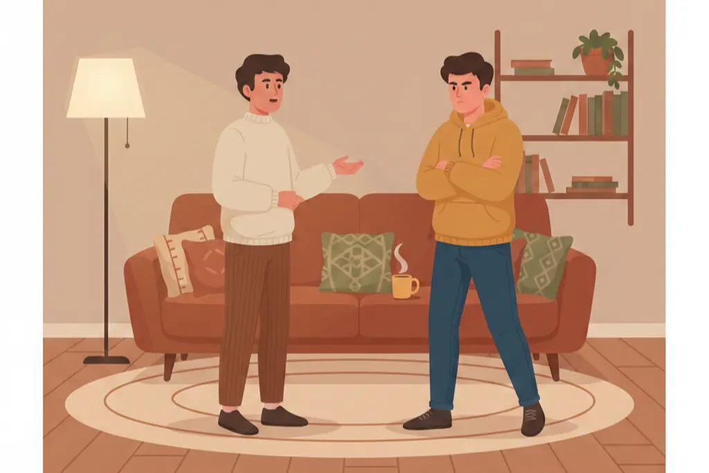 Two people in a cozy room having a disagreement one stays composed and diplomatic carefully choosing their words while the other stands firm with arms crossed being bluntly direct and unyielding two different styles of handling confrontation, lo-fi chillhop aesthetic