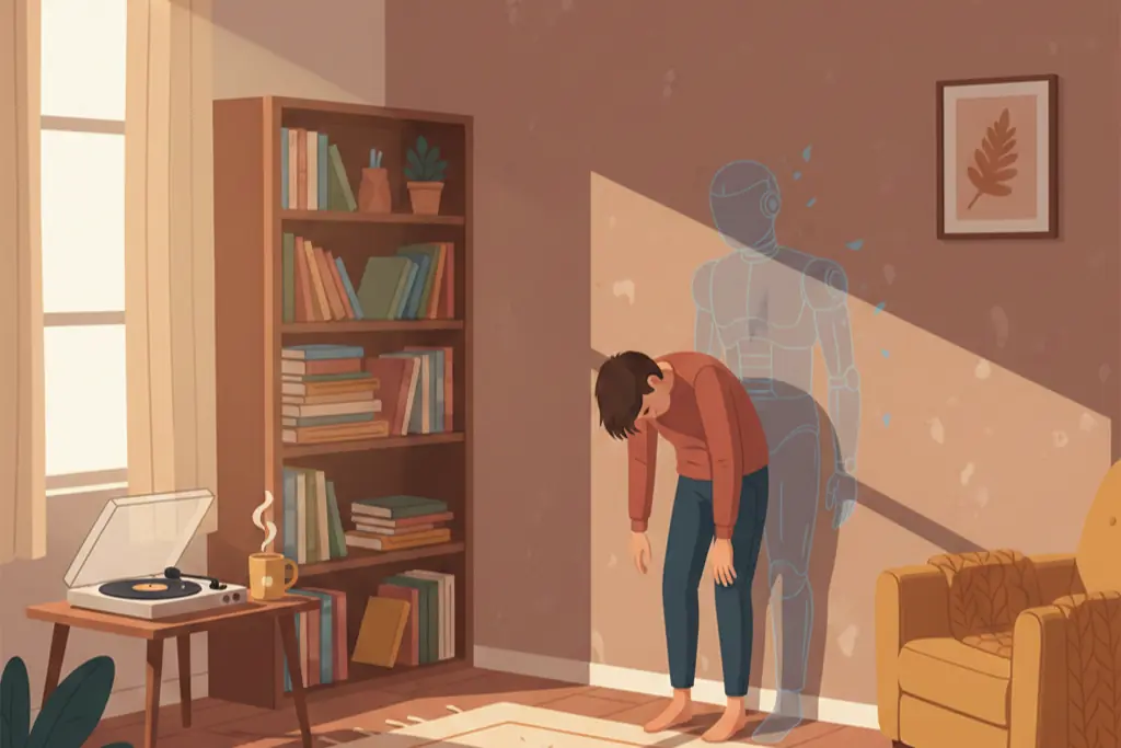 A person hitting a wall of exhaustion in a cozy room their whole body showing they have been running on autopilot for too long the moment when chronic stress finally catches up and they realize they have been acting like a completely different person under pressure, lo-fi chillhop aesthetic