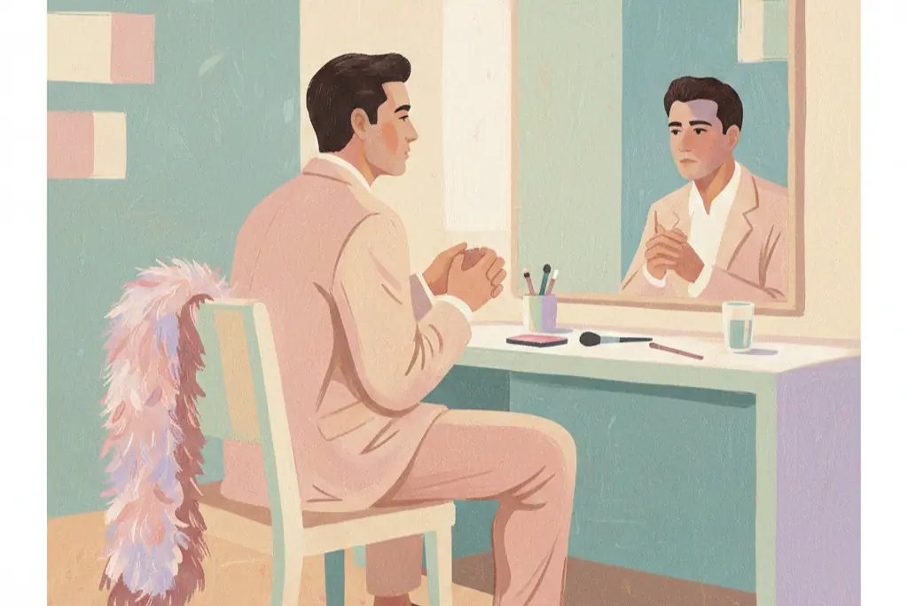 Gouache illustration of a man sitting alone backstage in a dressing room, his feather boa draped over a chair beside him, looking contemplatively into a mirror in a quiet moment of vulnerability and self-reflection, painted in soft blush pink, muted teal, and light sage green