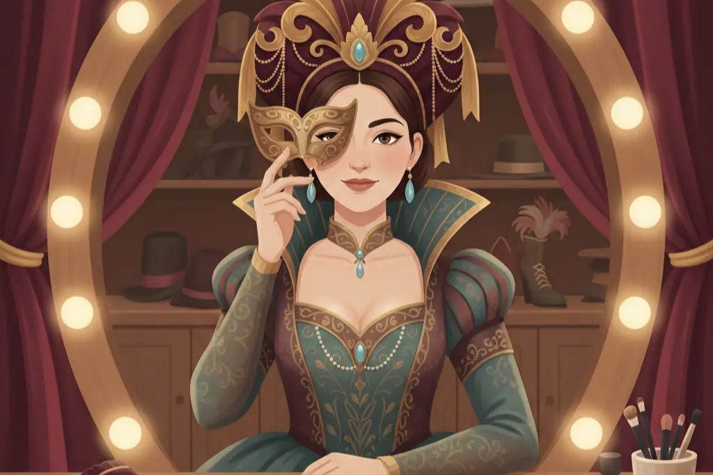A 2D flat digital illustration of a woman in an elaborate costume lifting a mask from her face at a backstage vanity with warm bulb lights, revealing vulnerability beneath performance, lo-fi chillhop aesthetic with muted earthy tones