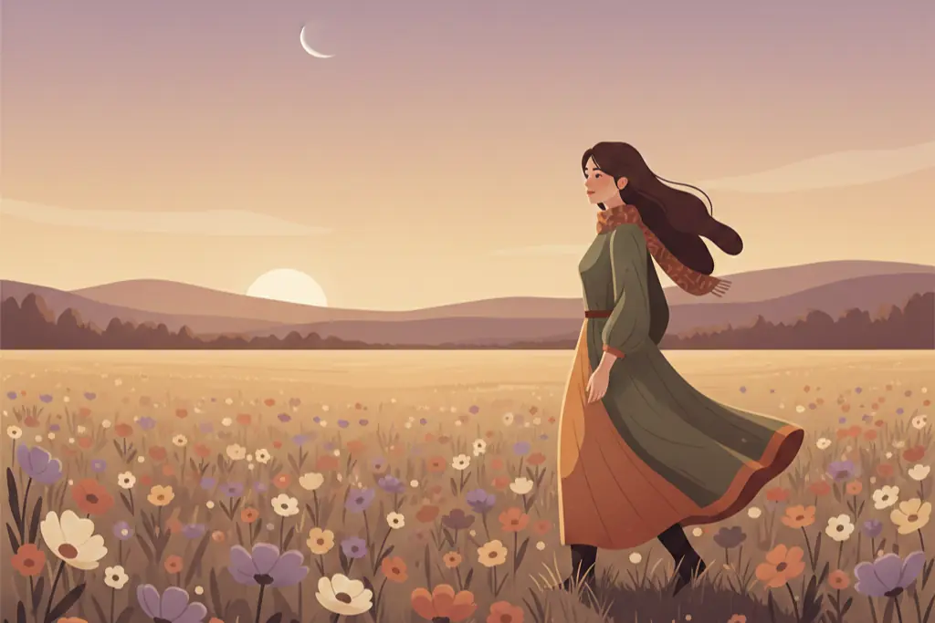 A 2D flat digital illustration of a woman walking through a field of wildflowers at twilight, moving forward but glancing back over her shoulder, representing the tension between moving on and holding onto the past, warm lo-fi chillhop aesthetic with muted earthy tones