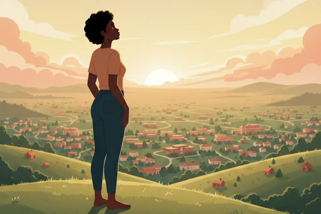 A 2D flat digital illustration of a woman standing at the top of a hill at sunrise looking out over a vast landscape of buildings and communities, her posture proud and reflective, warm golden and pink sky, lo-fi chillhop aesthetic with muted earthy tones