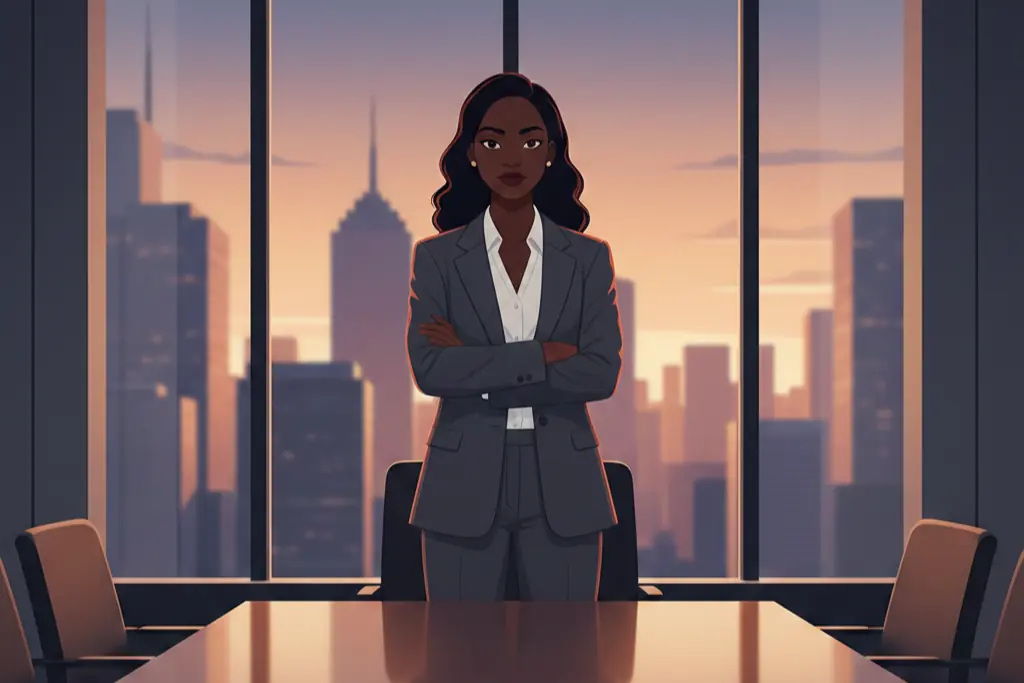 A 2D flat digital illustration of a woman standing at the head of a long boardroom table with arms crossed confidently, commanding the room with quiet power, floor-to-ceiling windows with city skyline behind her, warm lo-fi chillhop aesthetic with muted earthy tones