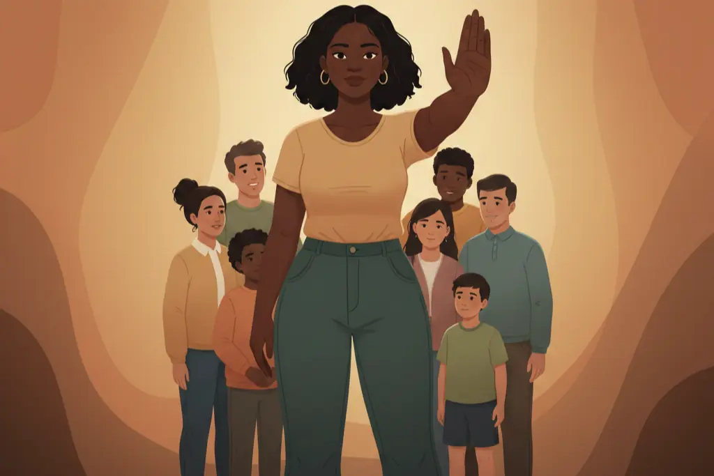 A 2D flat digital illustration of a woman standing firm and protective in front of a small group of people, her posture strong and unwavering with one arm extended to shield them, fierce but caring expression, warm lo-fi chillhop aesthetic with muted earthy tones