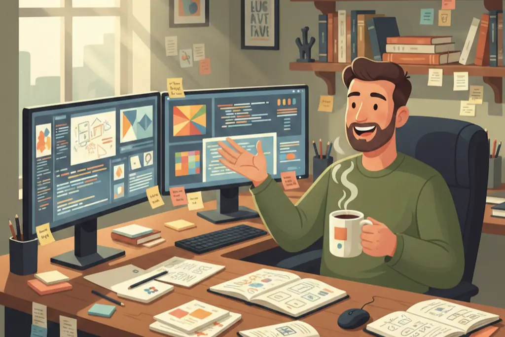 A 2D flat digital illustration of a man sitting at a cluttered creative desk surrounded by multiple projects and screens, his expression enthusiastic and energetic with a coffee cup in hand, warm lo-fi chillhop aesthetic with muted earthy tones