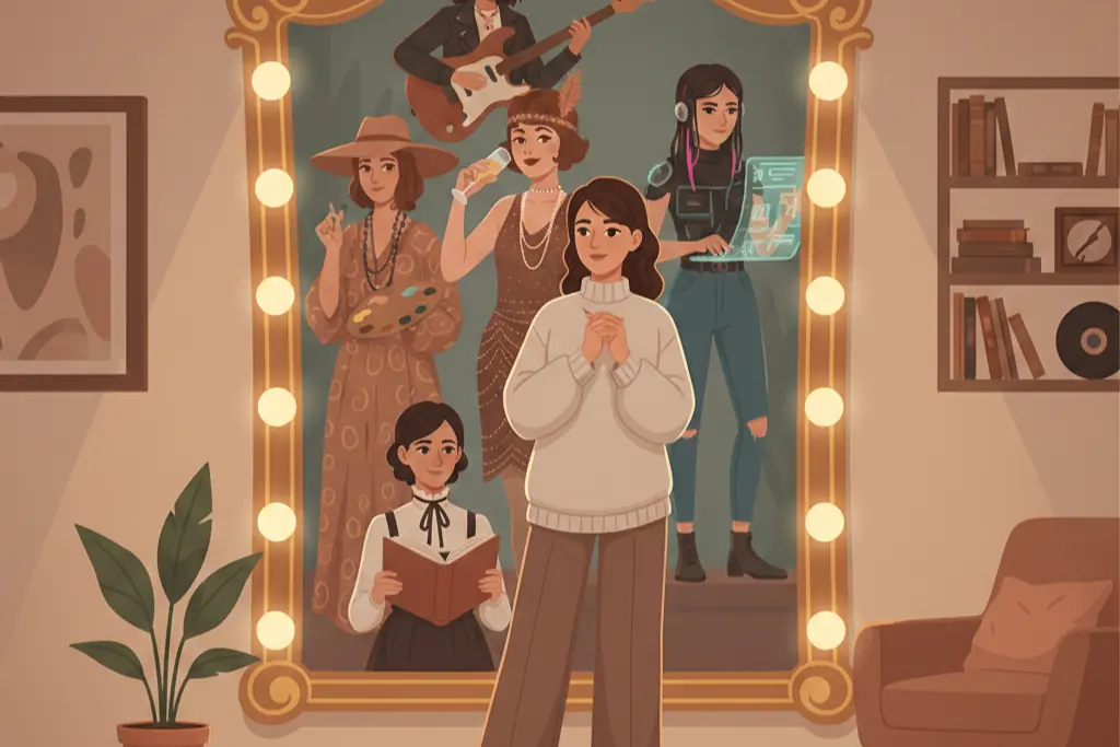 A 2D flat digital illustration of a woman standing in front of a large ornate mirror reflecting multiple different versions of herself in completely different outfits and styles each reflection a different era or persona, warm vanity lights around the mirror frame, lo-fi chillhop aesthetic with muted earthy tones