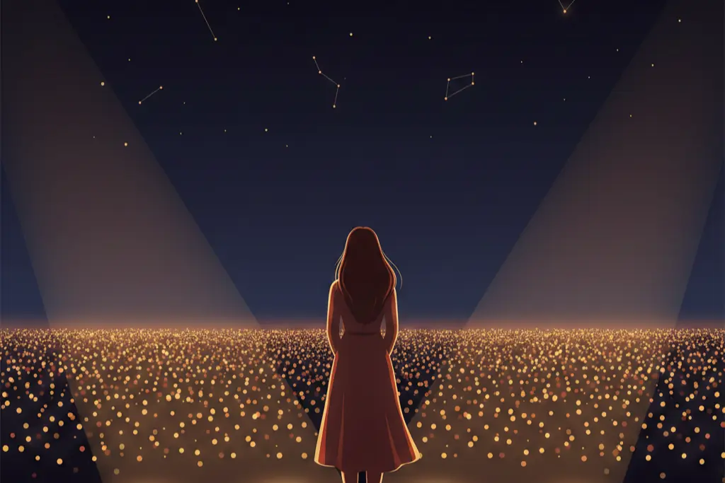 A 2D flat digital illustration of a woman standing at the edge of an enormous stage looking out at a vast sea of tiny glowing lights from the audience stretching to the horizon, her posture reflective and still, warm lo-fi chillhop aesthetic with muted earthy tones