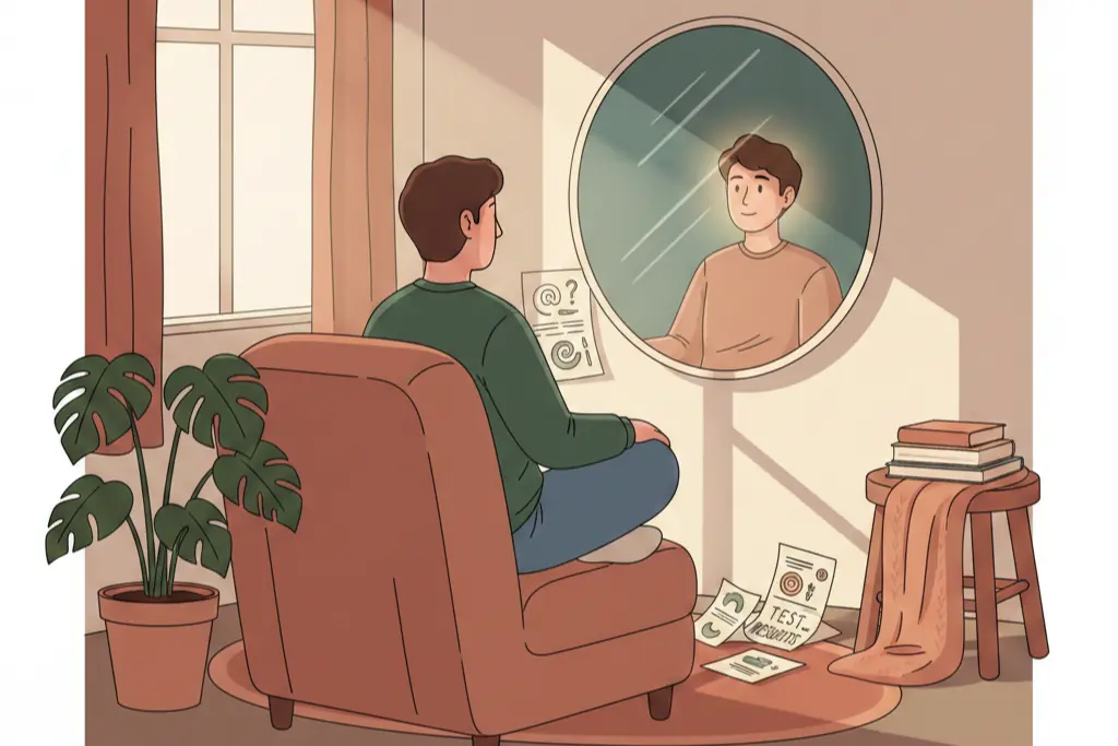 A person in a cozy room finally finding clarity after confusion sitting quietly and looking at a single clear reflection of their true self in a mirror having stopped searching for answers in tests and instead looking inward to find their core identity beneath all the changing surface behaviors, lo-fi chillhop aesthetic