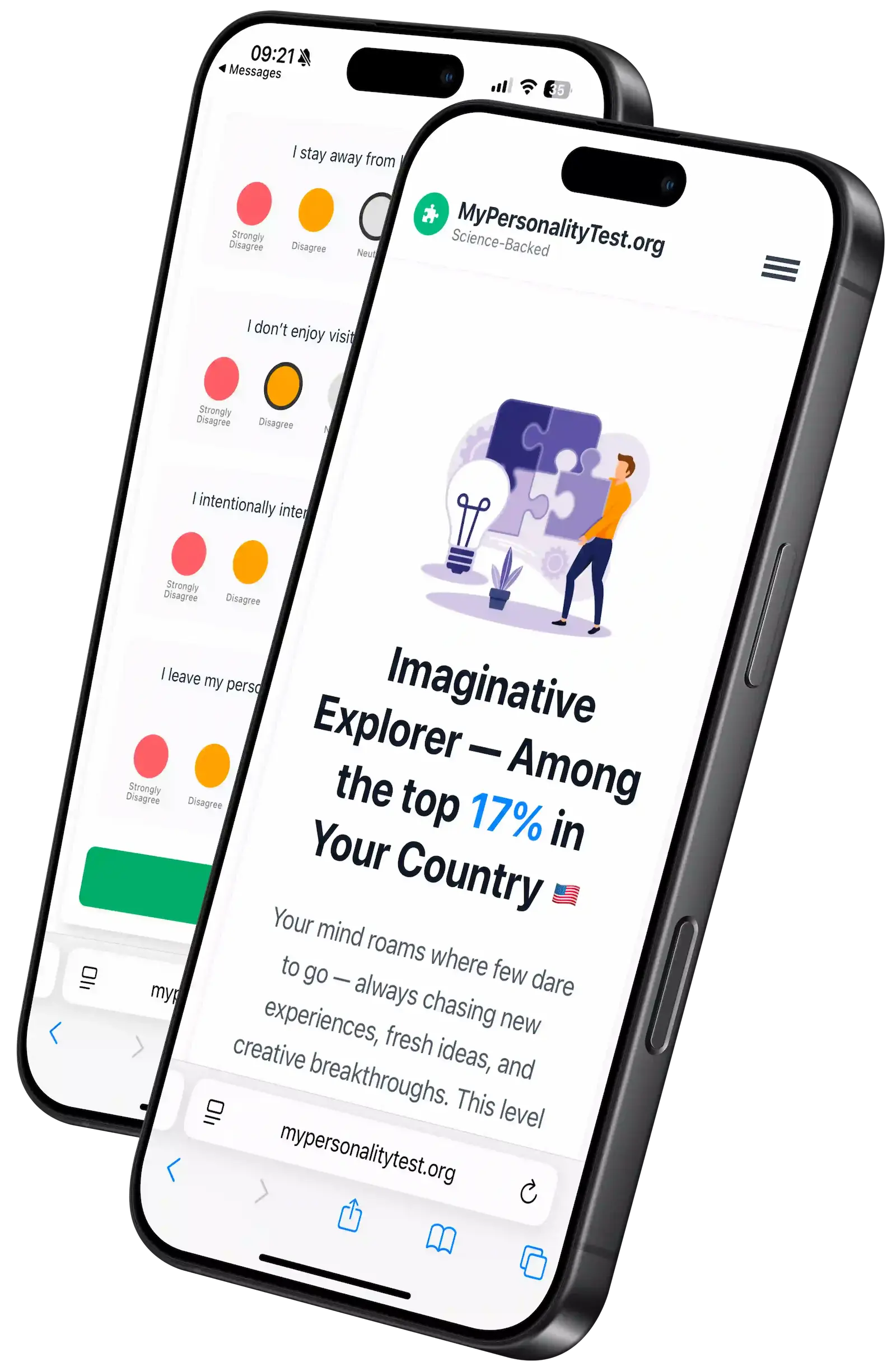 iPhone mockups showing the MyPersonalityTest.org interface with personality test questions and results displaying 'Imaginative Explorer' personality type